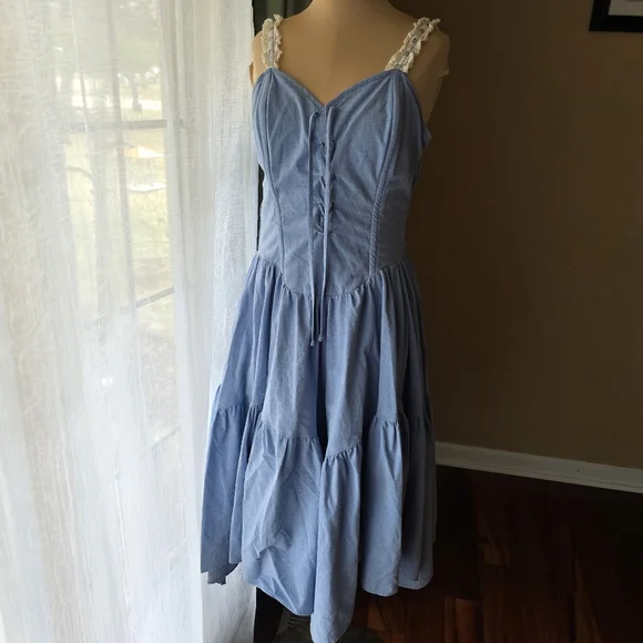 Vintage 70s Frederick's of Hollywood Tiered Denim Dress Medium w Lace Straps - Picture 1 of 9
